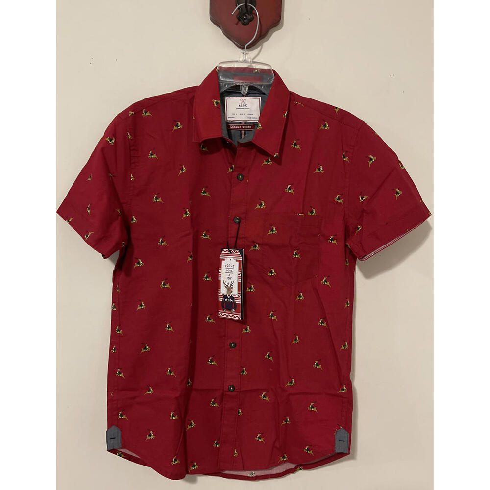 MBX Premium Goods Mens Small Red Button Up Reindeer Christmas Shirt NWT! A6170R